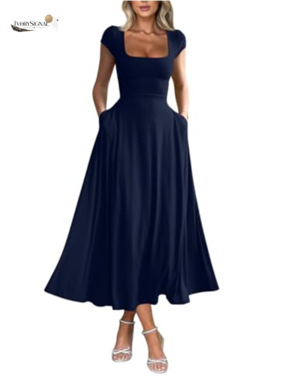 Women's Short Sleeve Square Neck Flowy Long Dress with Pockets